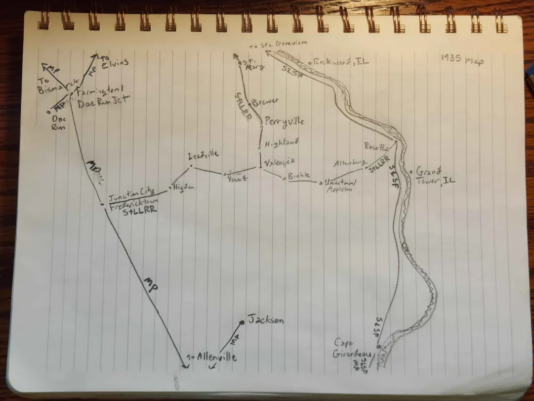 Image: hand drawn rooute map of the Rosetta Railroad